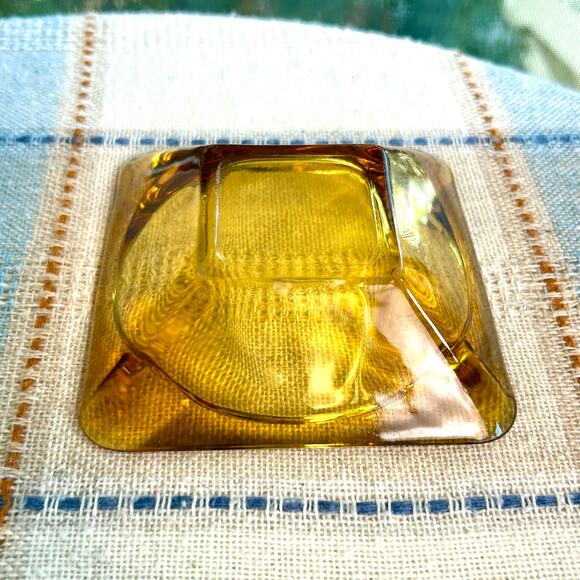 Vintage Amber Cut Glass Ashtray – 4.75” Square Mid-Century Modern - Picture 10 of 14